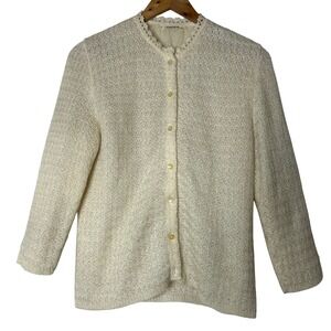 I. Magnin & Co. Cardigan Size M Cream Crochet Knit with Lace Trim Detail Vintage